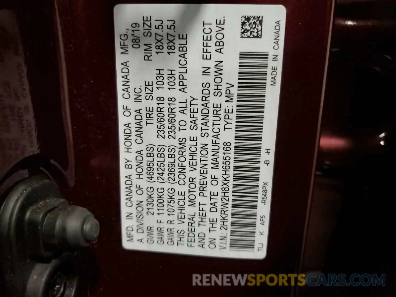 14 Photograph of a damaged car 2HKRW2H8XKH655168 HONDA CRV 2019
