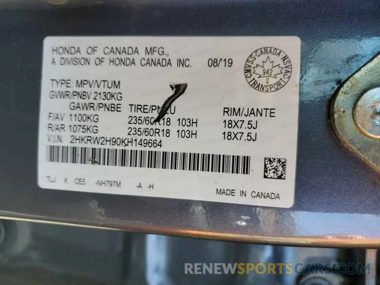 13 Photograph of a damaged car 2HKRW2H90KH149664 HONDA CRV 2019