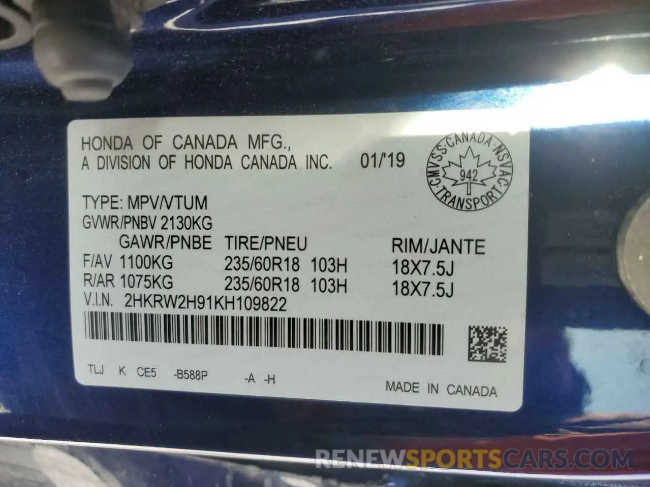 14 Photograph of a damaged car 2HKRW2H91KH109822 HONDA CRV 2019