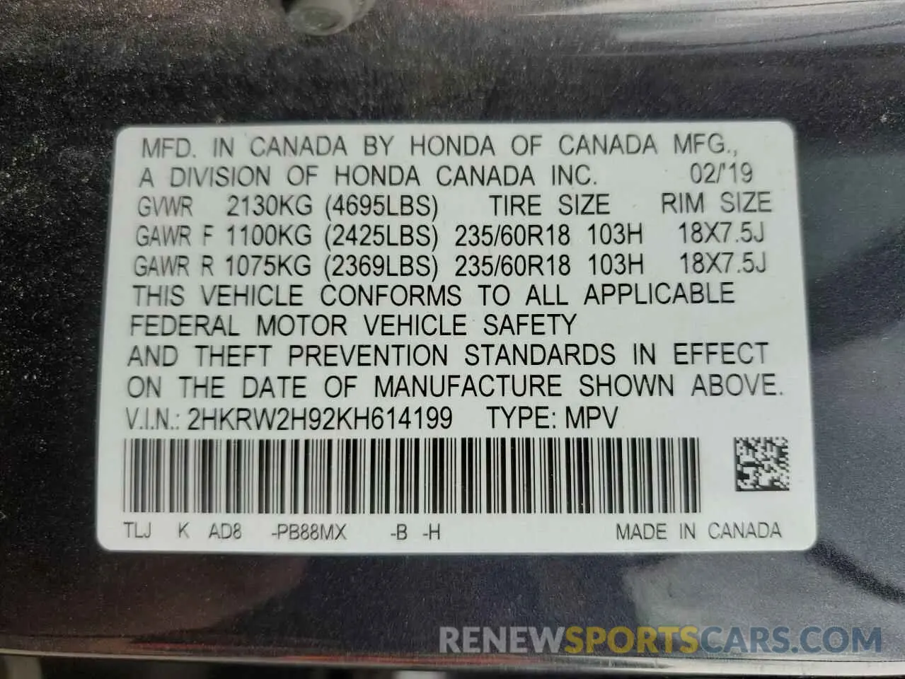 12 Photograph of a damaged car 2HKRW2H92KH614199 HONDA CRV 2019