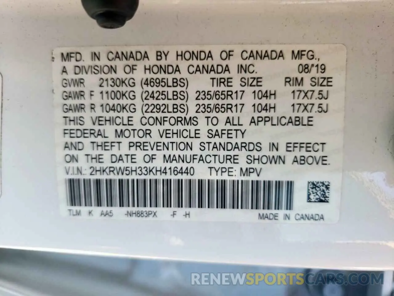 12 Photograph of a damaged car 2HKRW5H33KH416440 HONDA CRV 2019