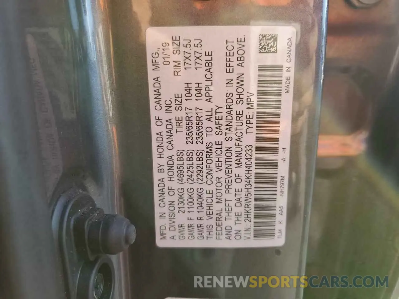 15 Photograph of a damaged car 2HKRW5H34KH404233 HONDA CRV 2019