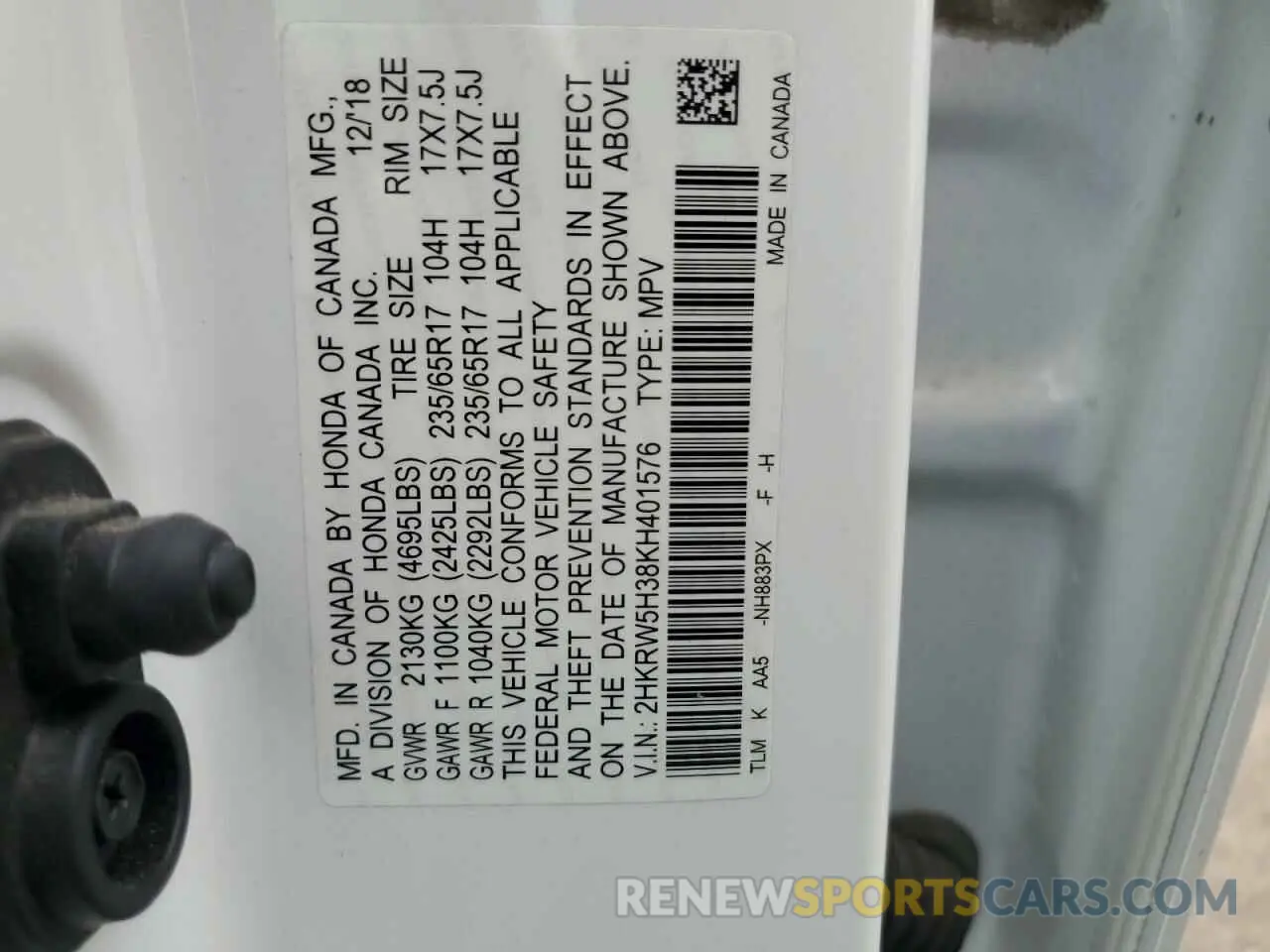 15 Photograph of a damaged car 2HKRW5H38KH401576 HONDA CRV 2019