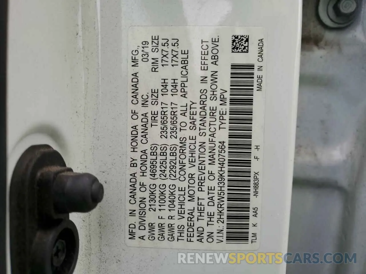 14 Photograph of a damaged car 2HKRW5H39KH407564 HONDA CRV 2019