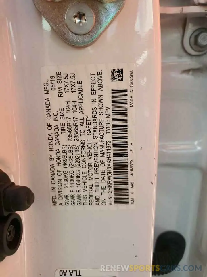 13 Photograph of a damaged car 2HKRW5H3XKH411672 HONDA CRV 2019