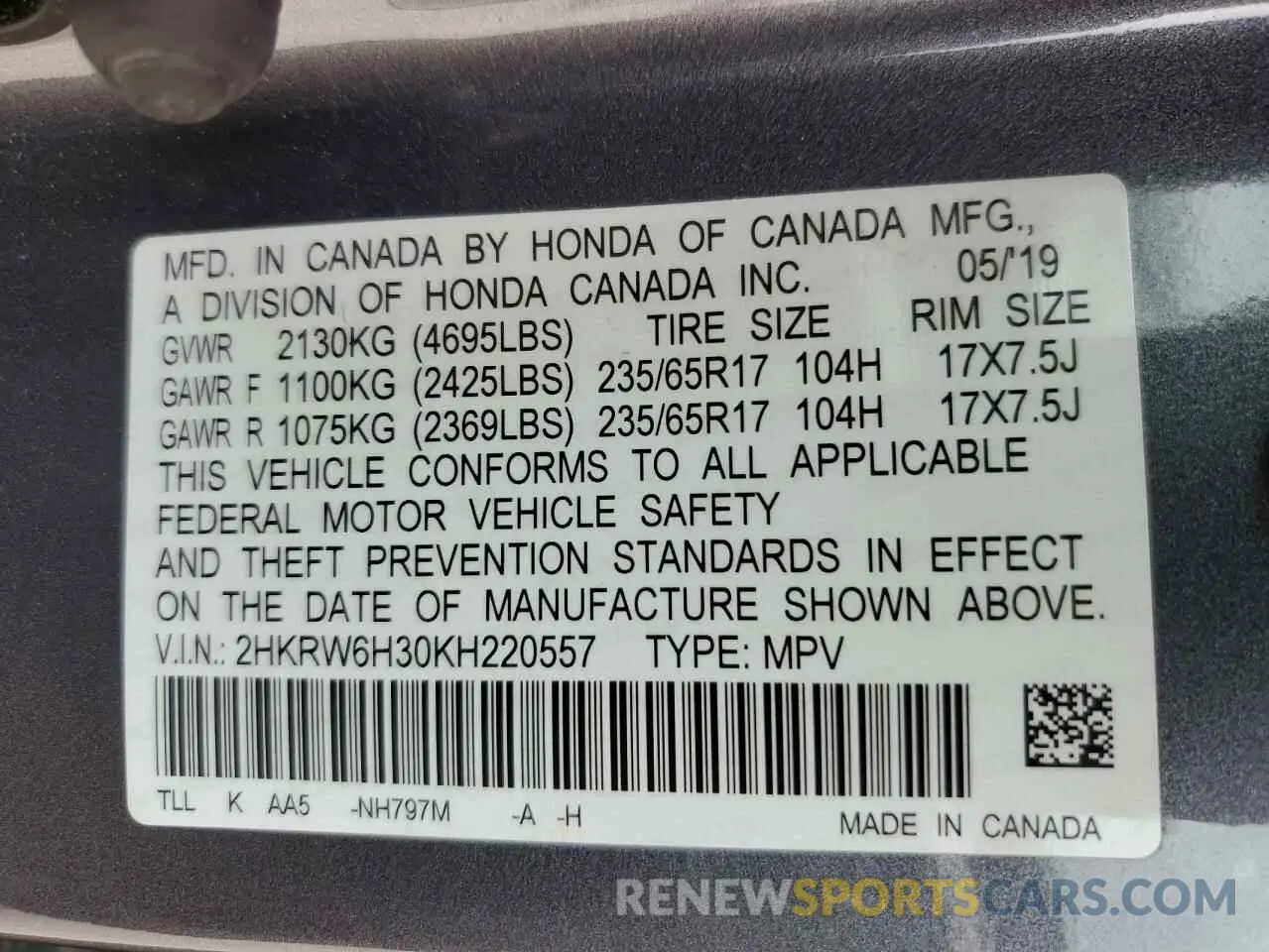 16 Photograph of a damaged car 2HKRW6H30KH220557 HONDA CRV 2019