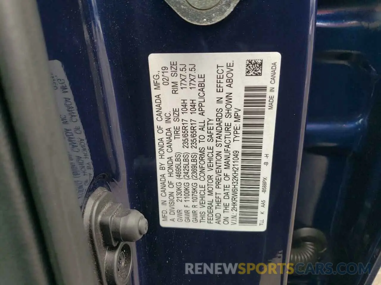15 Photograph of a damaged car 2HKRW6H32KH211049 HONDA CRV 2019