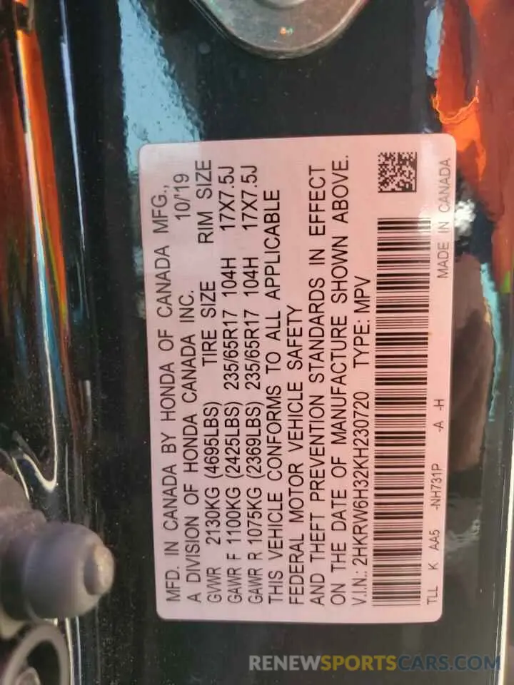 13 Photograph of a damaged car 2HKRW6H32KH230720 HONDA CRV 2019