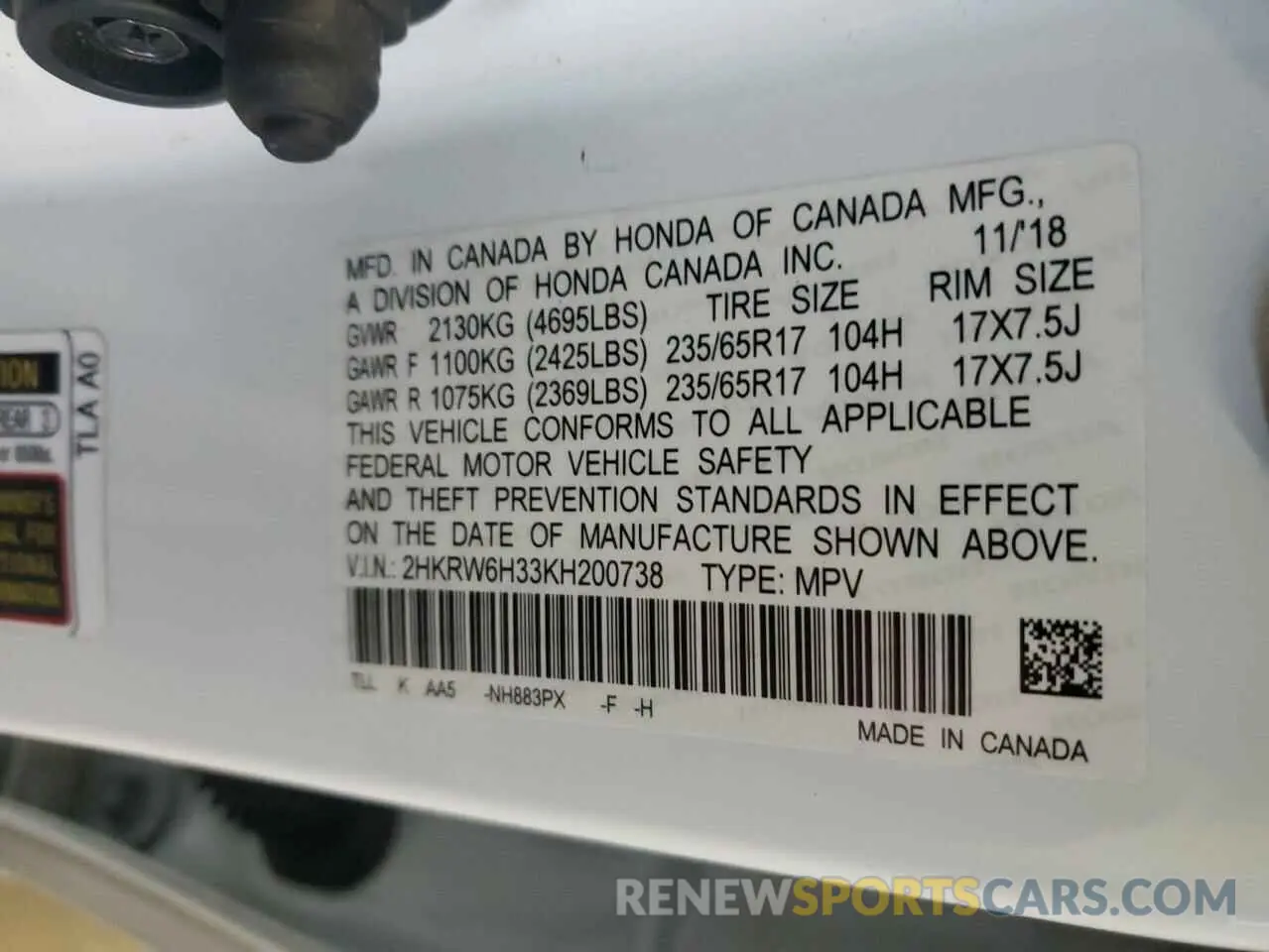 14 Photograph of a damaged car 2HKRW6H33KH200738 HONDA CRV 2019