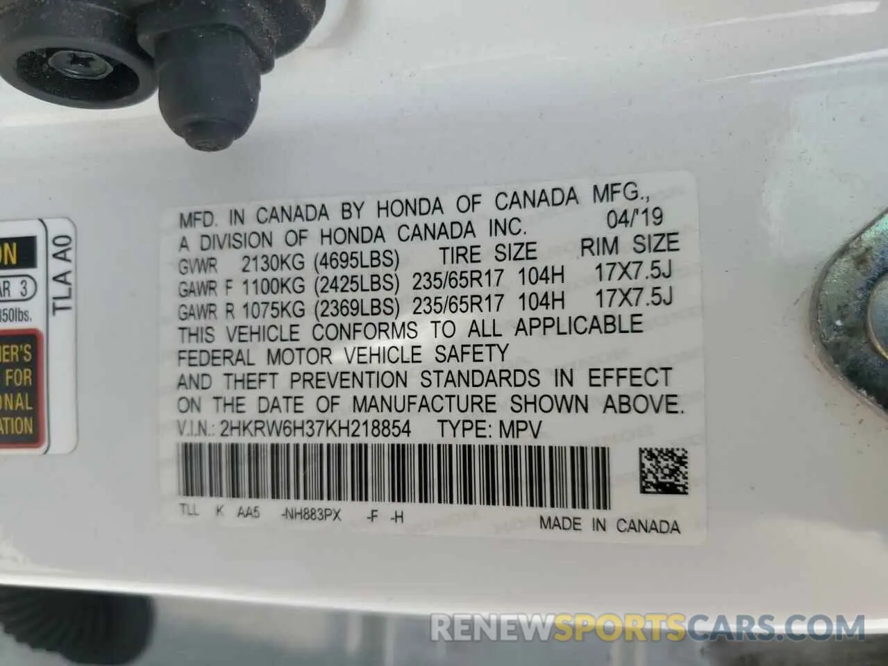 14 Photograph of a damaged car 2HKRW6H37KH218854 HONDA CRV 2019