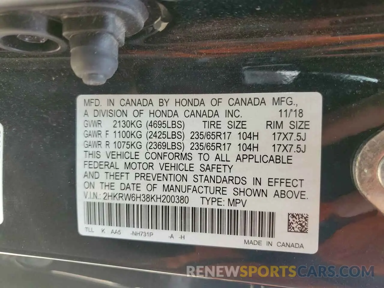 13 Photograph of a damaged car 2HKRW6H38KH200380 HONDA CRV 2019