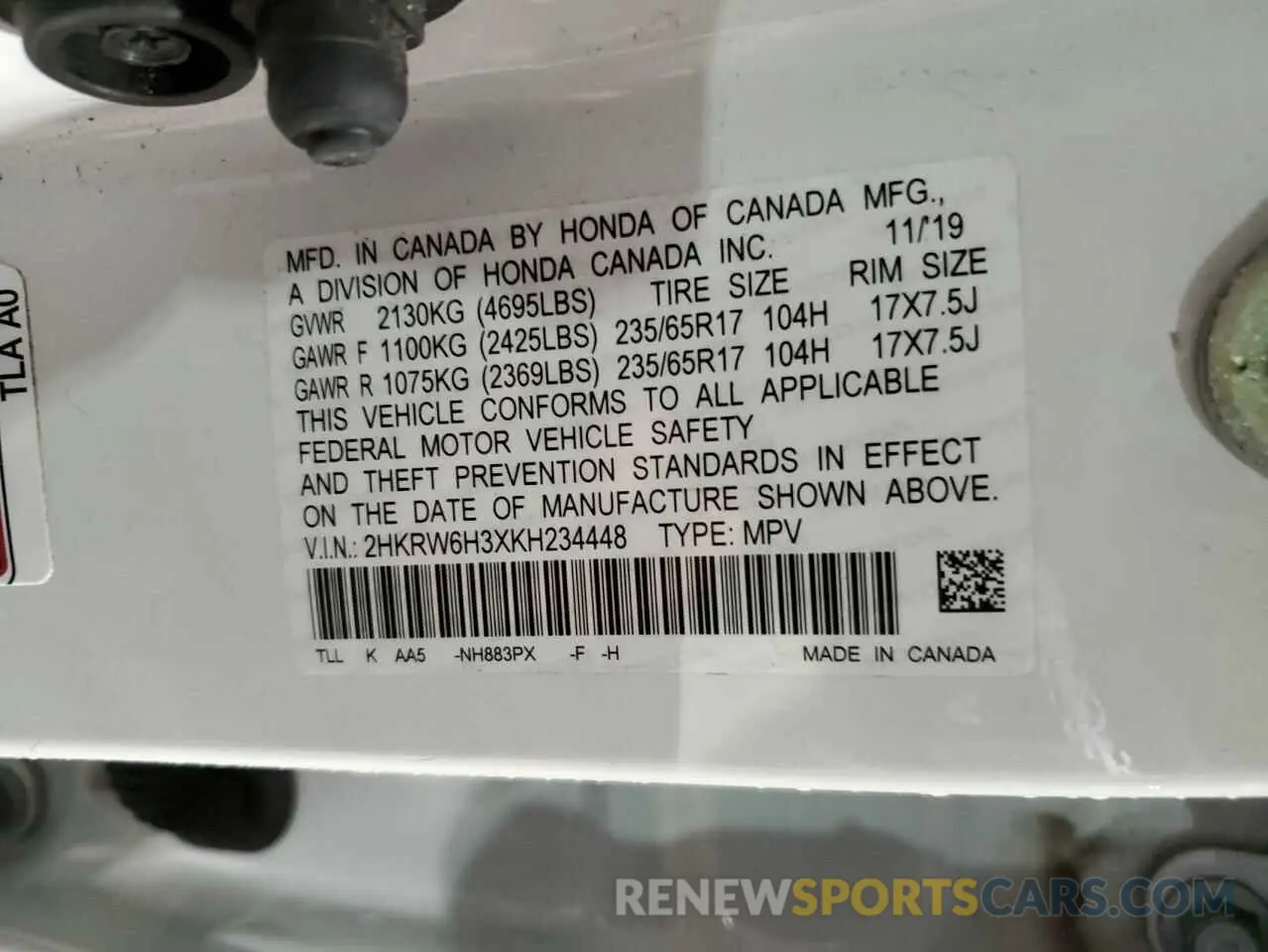 13 Photograph of a damaged car 2HKRW6H3XKH234448 HONDA CRV 2019