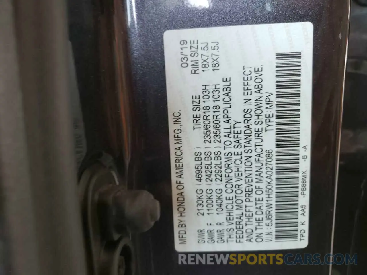 13 Photograph of a damaged car 5J6RW1H50KA027086 HONDA CRV 2019