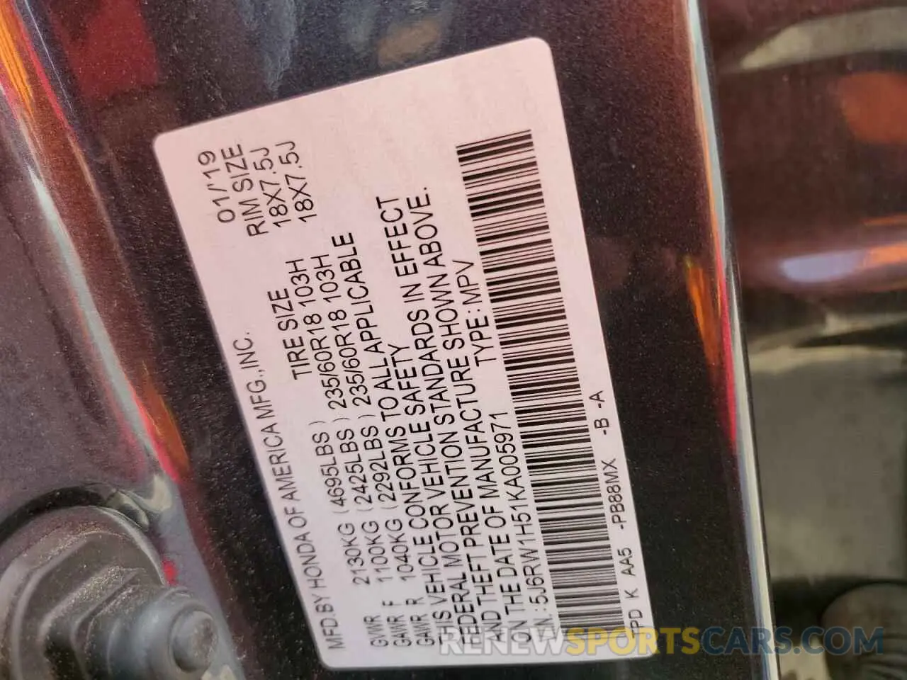 12 Photograph of a damaged car 5J6RW1H51KA005971 HONDA CRV 2019