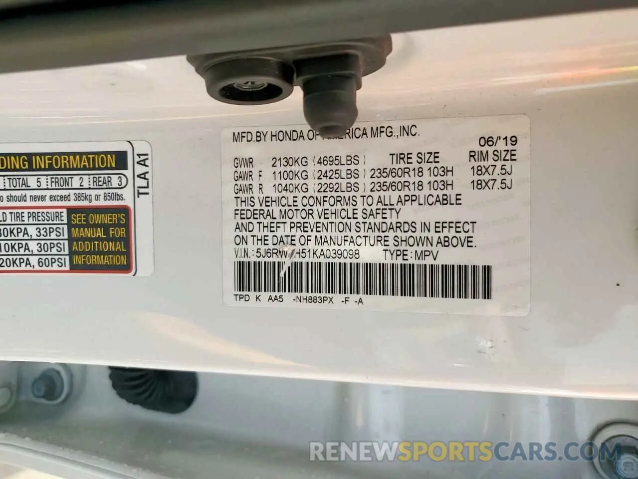 14 Photograph of a damaged car 5J6RW1H51KA039098 HONDA CRV 2019