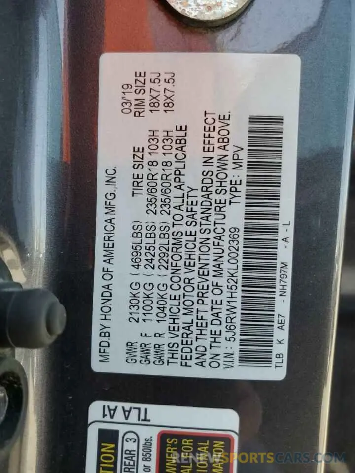 13 Photograph of a damaged car 5J6RW1H52KL002369 HONDA CRV 2019