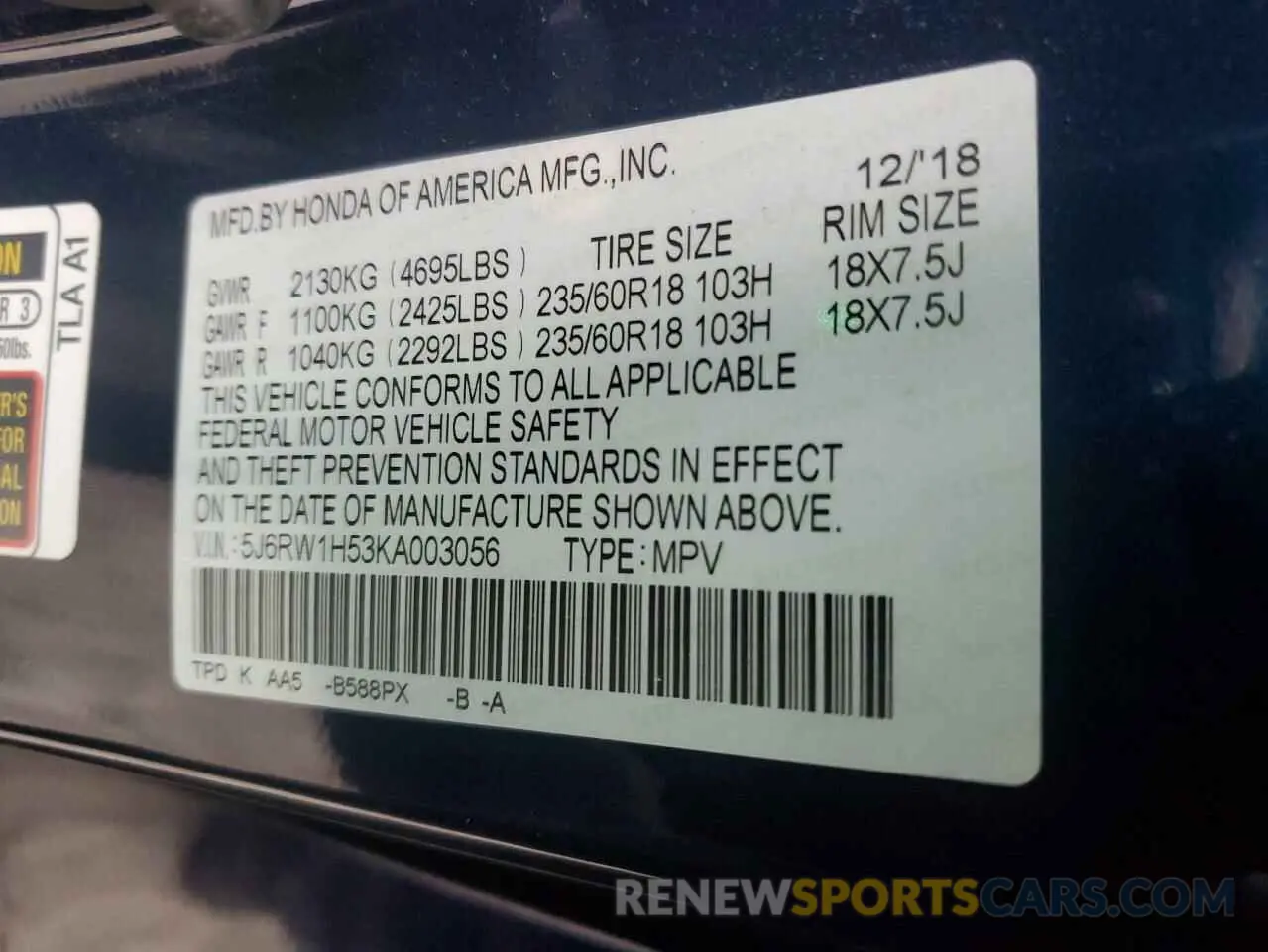 13 Photograph of a damaged car 5J6RW1H53KA003056 HONDA CRV 2019
