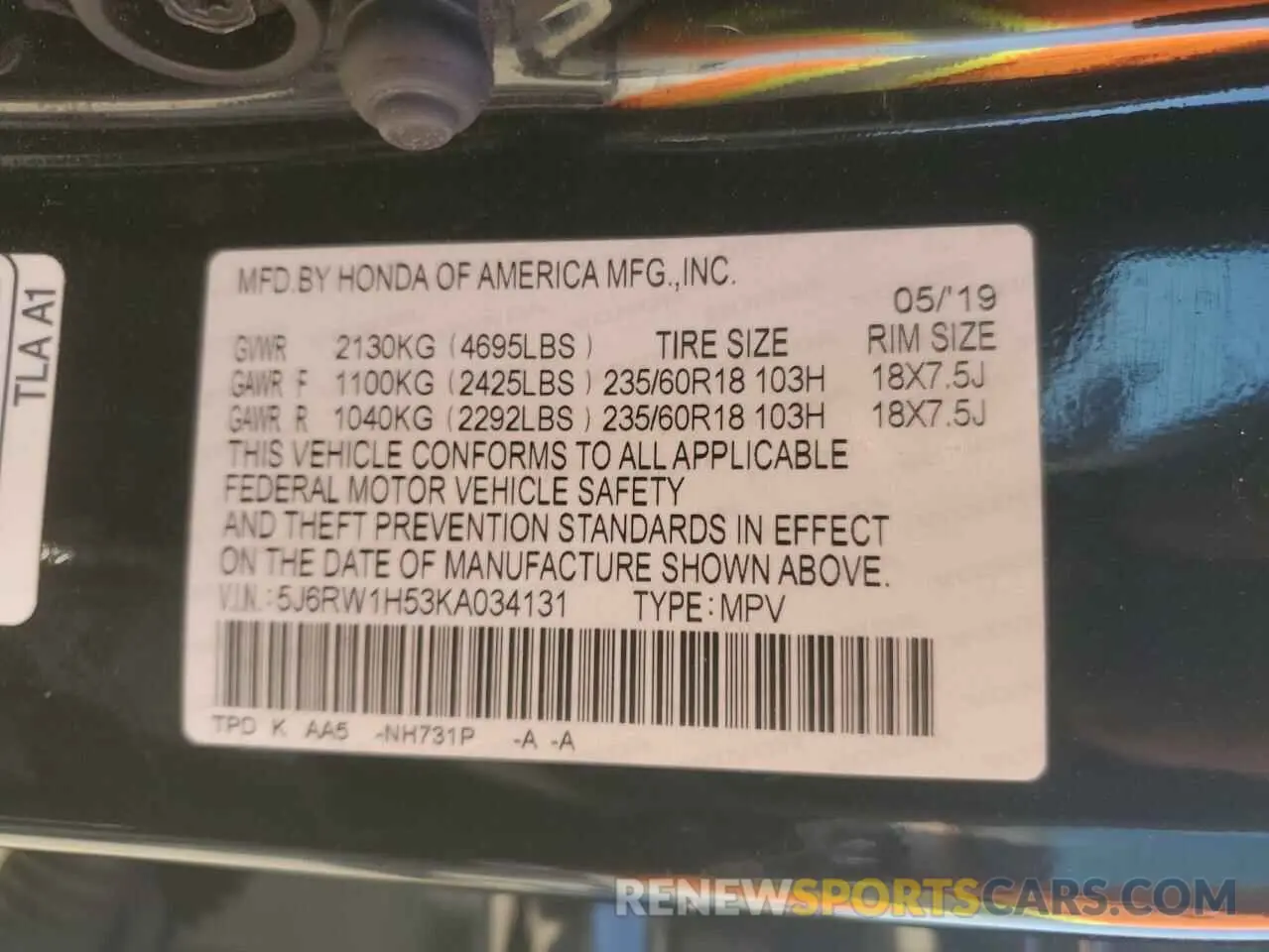 13 Photograph of a damaged car 5J6RW1H53KA034131 HONDA CRV 2019