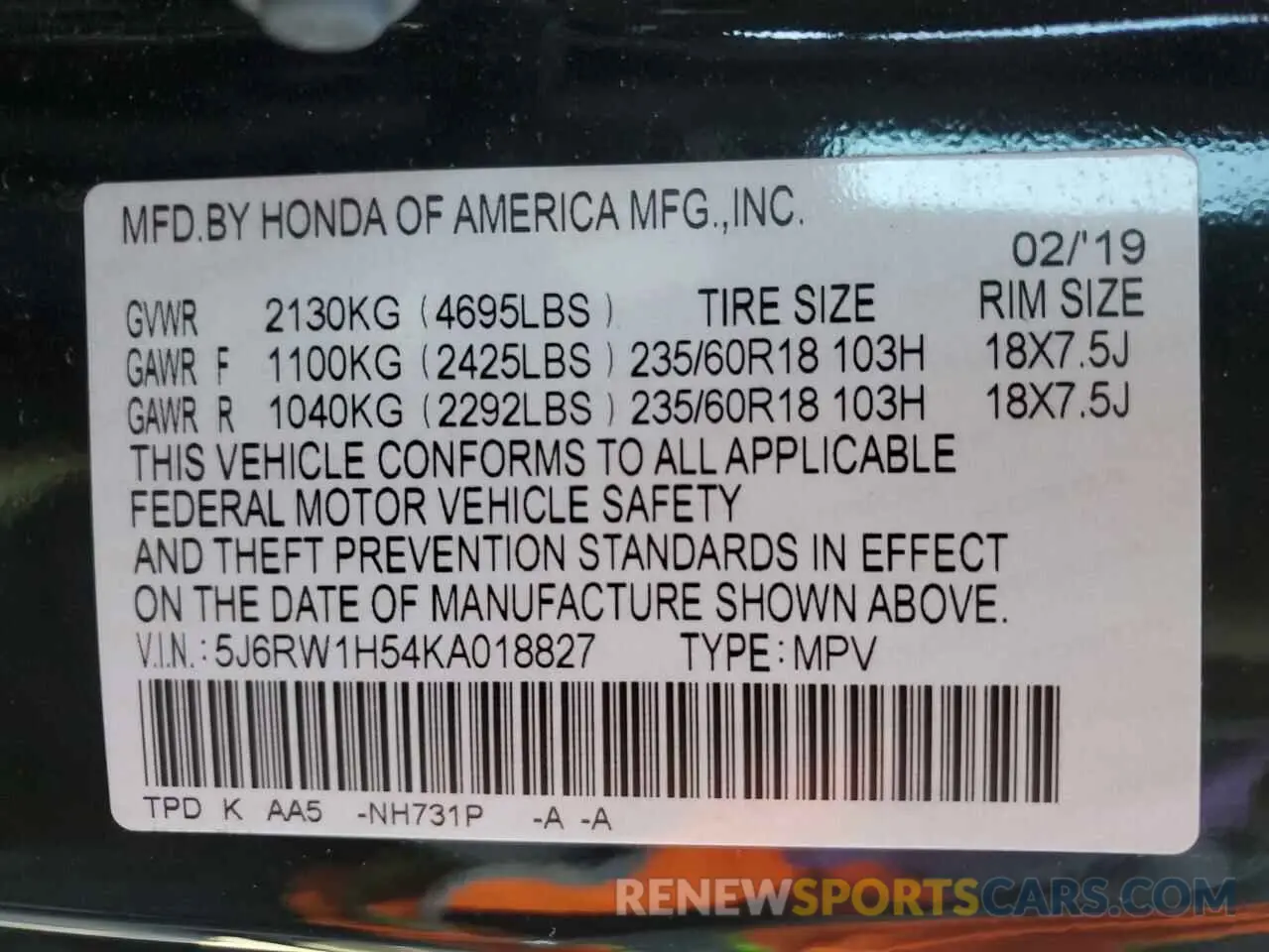 13 Photograph of a damaged car 5J6RW1H54KA018827 HONDA CRV 2019