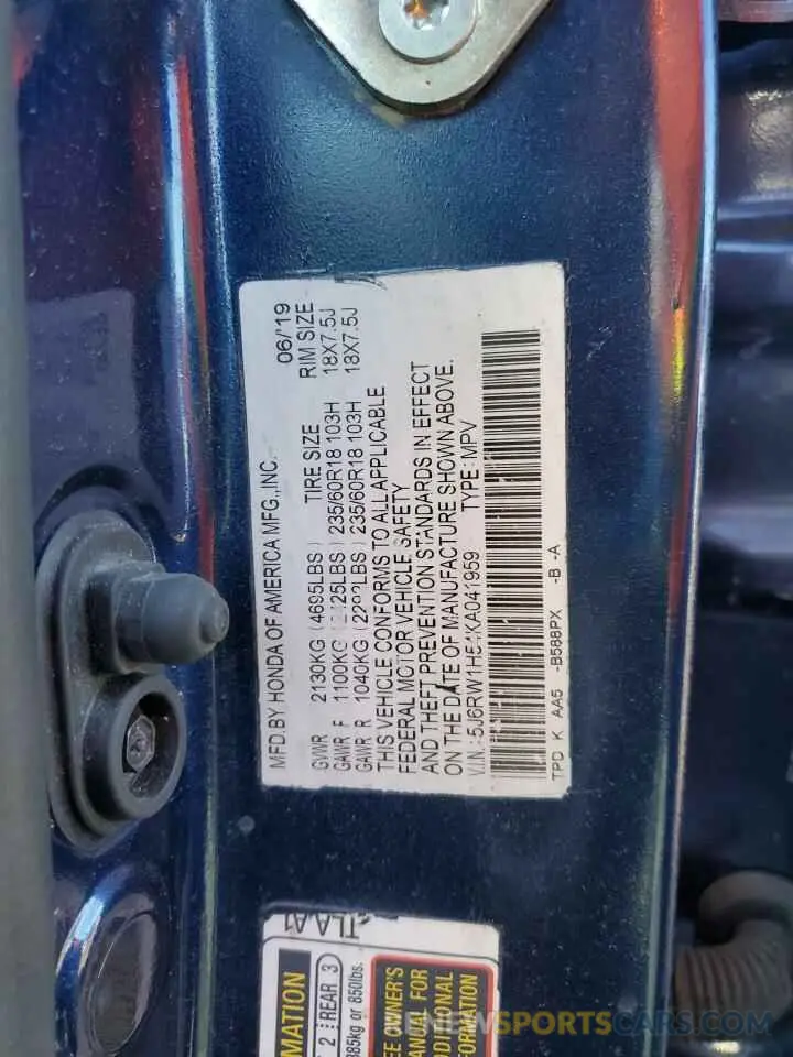 14 Photograph of a damaged car 5J6RW1H54KA041959 HONDA CRV 2019