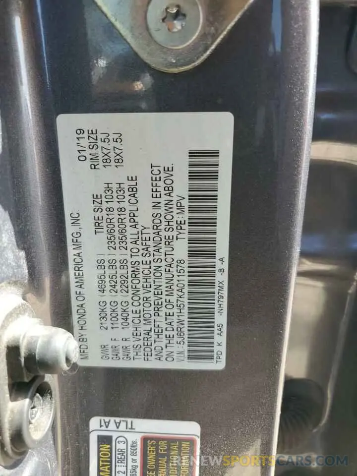 13 Photograph of a damaged car 5J6RW1H57KA011578 HONDA CRV 2019