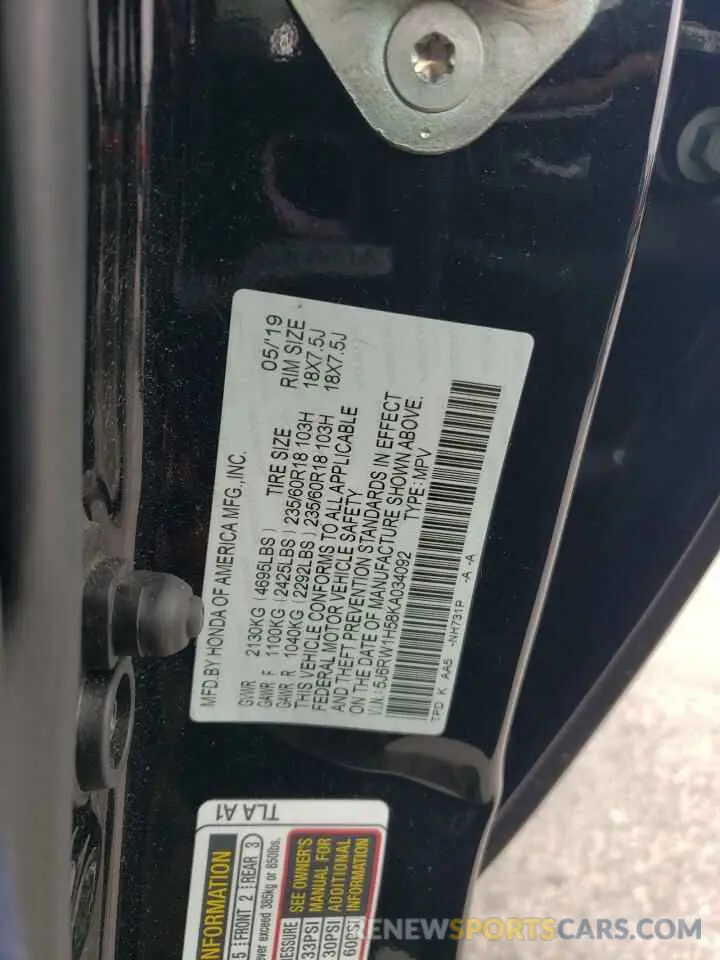 13 Photograph of a damaged car 5J6RW1H58KA034092 HONDA CRV 2019