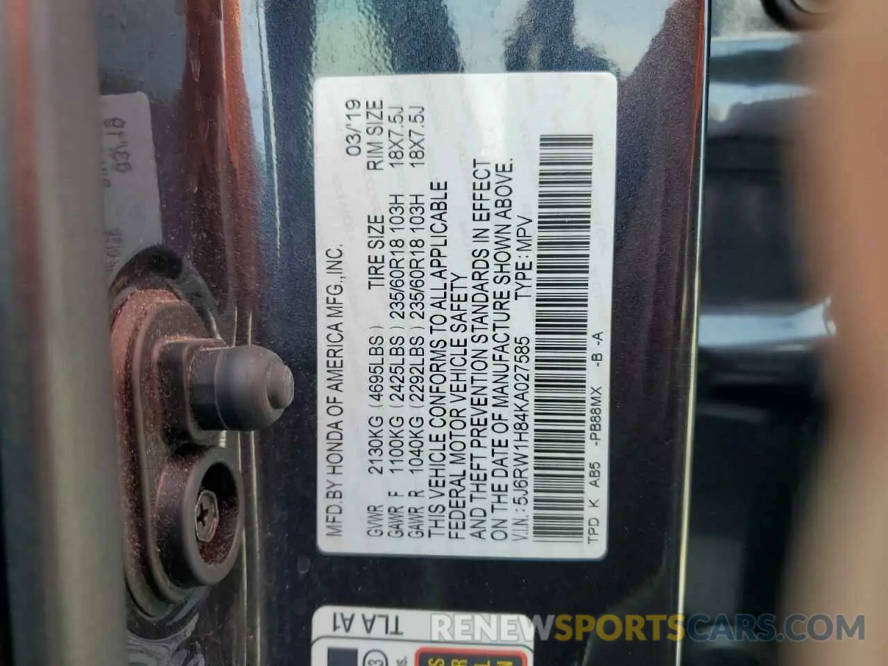 14 Photograph of a damaged car 5J6RW1H84KA027585 HONDA CRV 2019