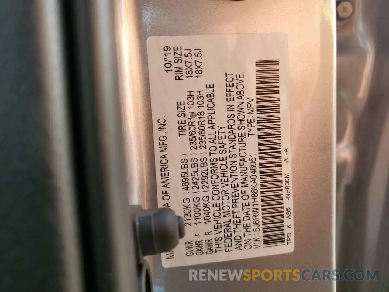 14 Photograph of a damaged car 5J6RW1H86KA048051 HONDA CRV 2019