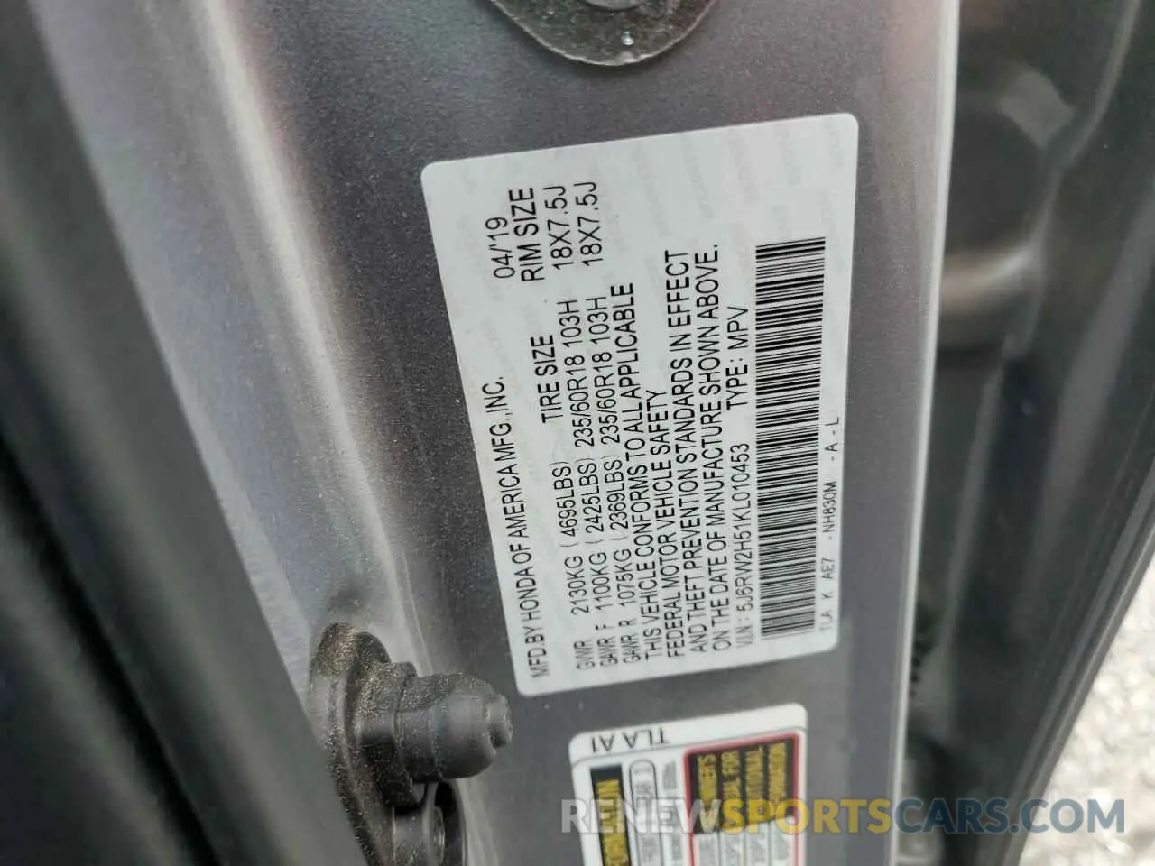 13 Photograph of a damaged car 5J6RW2H51KL010453 HONDA CRV 2019