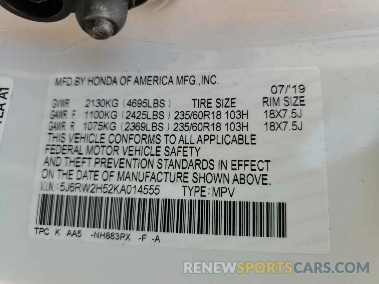 12 Photograph of a damaged car 5J6RW2H52KA014555 HONDA CRV 2019