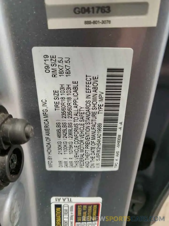 13 Photograph of a damaged car 5J6RW2H54KA019689 HONDA CRV 2019