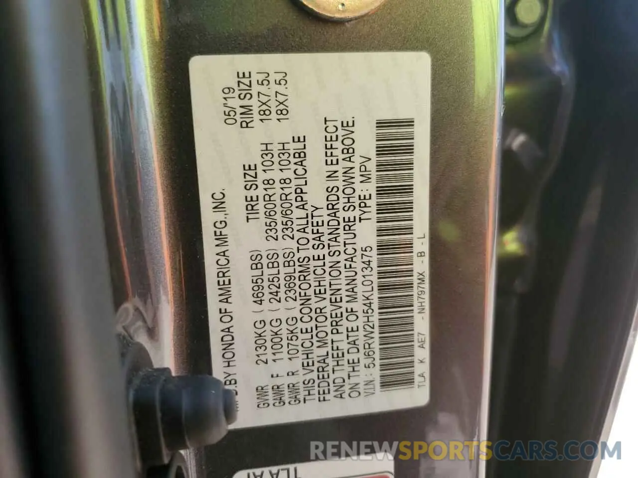 13 Photograph of a damaged car 5J6RW2H54KL013475 HONDA CRV 2019