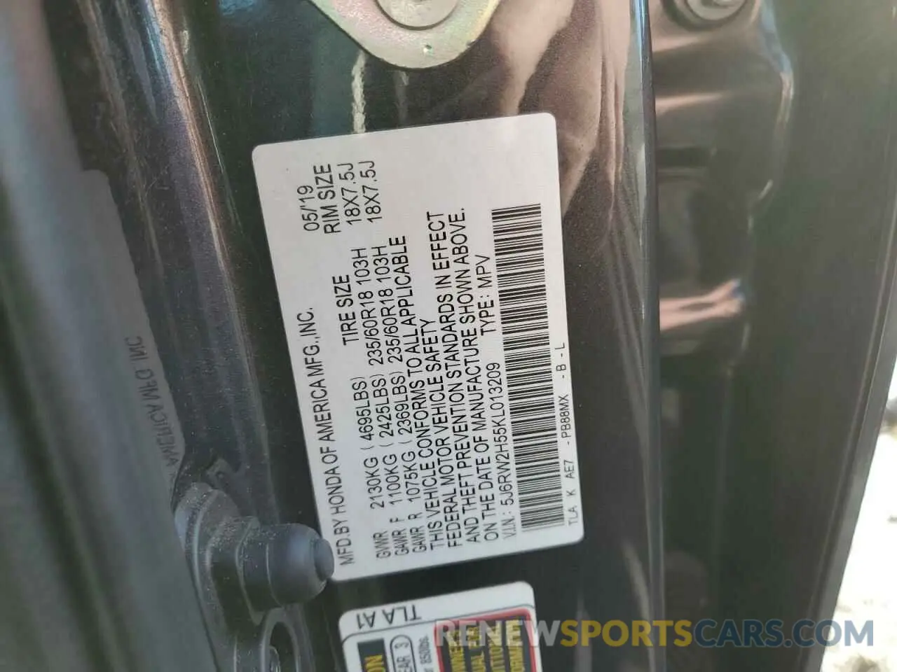 15 Photograph of a damaged car 5J6RW2H55KL013209 HONDA CRV 2019