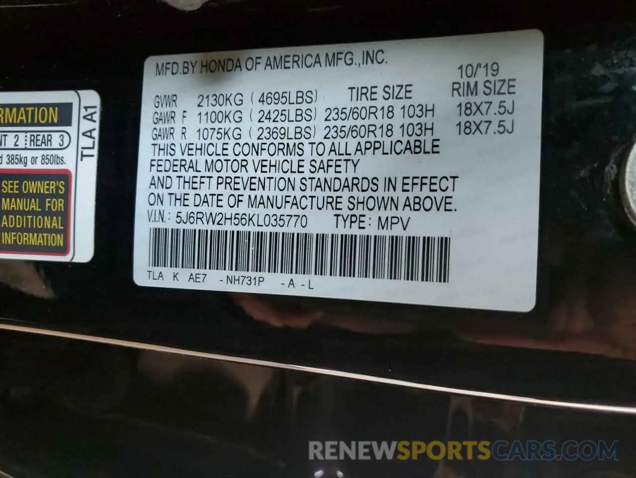 13 Photograph of a damaged car 5J6RW2H56KL035770 HONDA CRV 2019