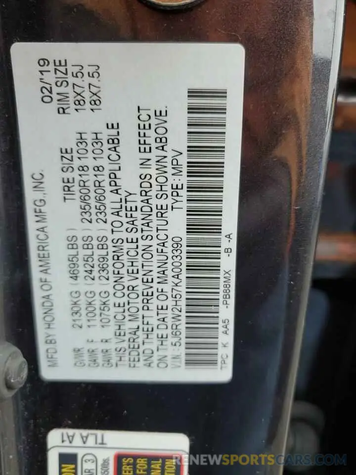 13 Photograph of a damaged car 5J6RW2H57KA003390 HONDA CRV 2019