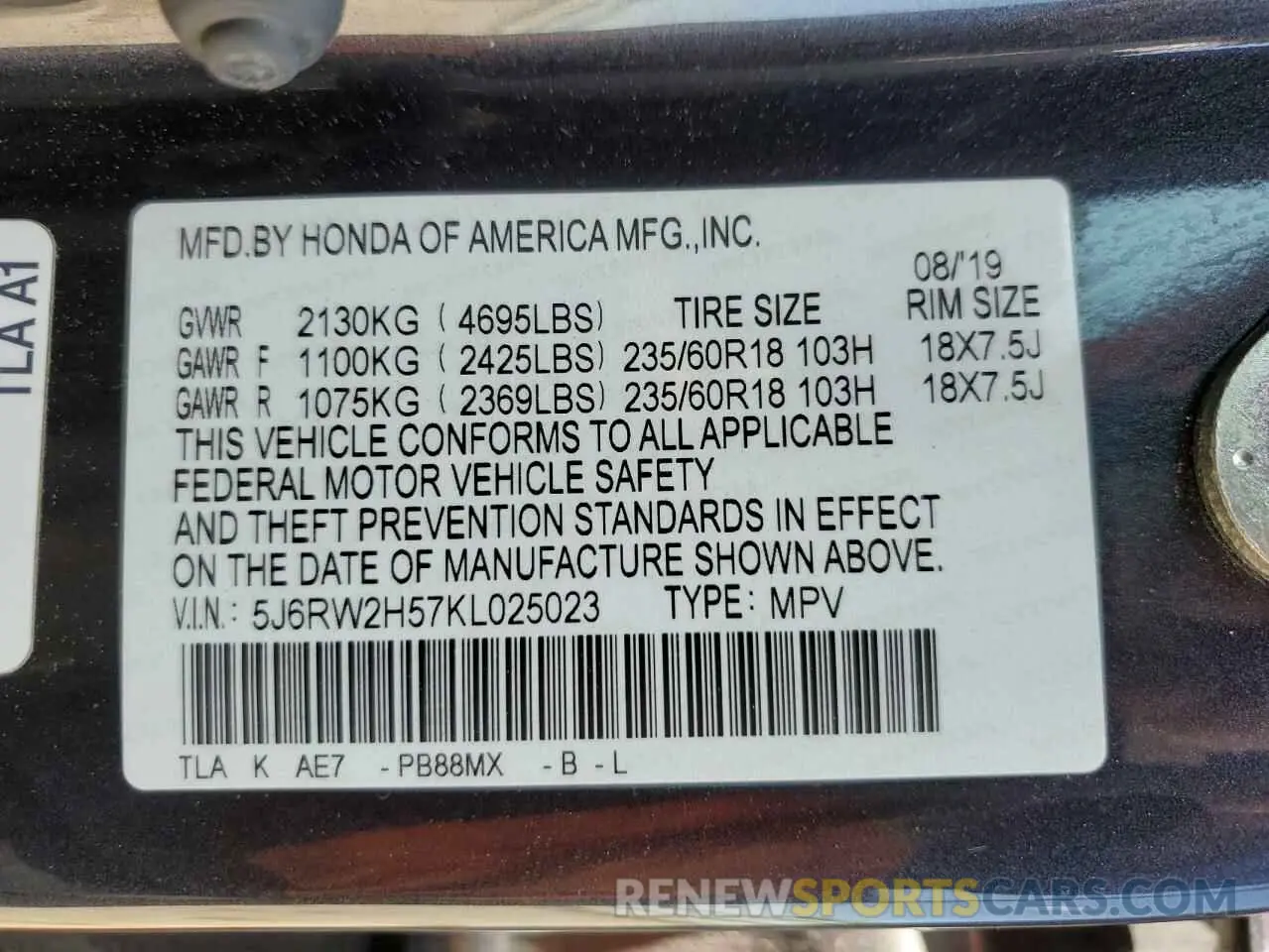 15 Photograph of a damaged car 5J6RW2H57KL025023 HONDA CRV 2019