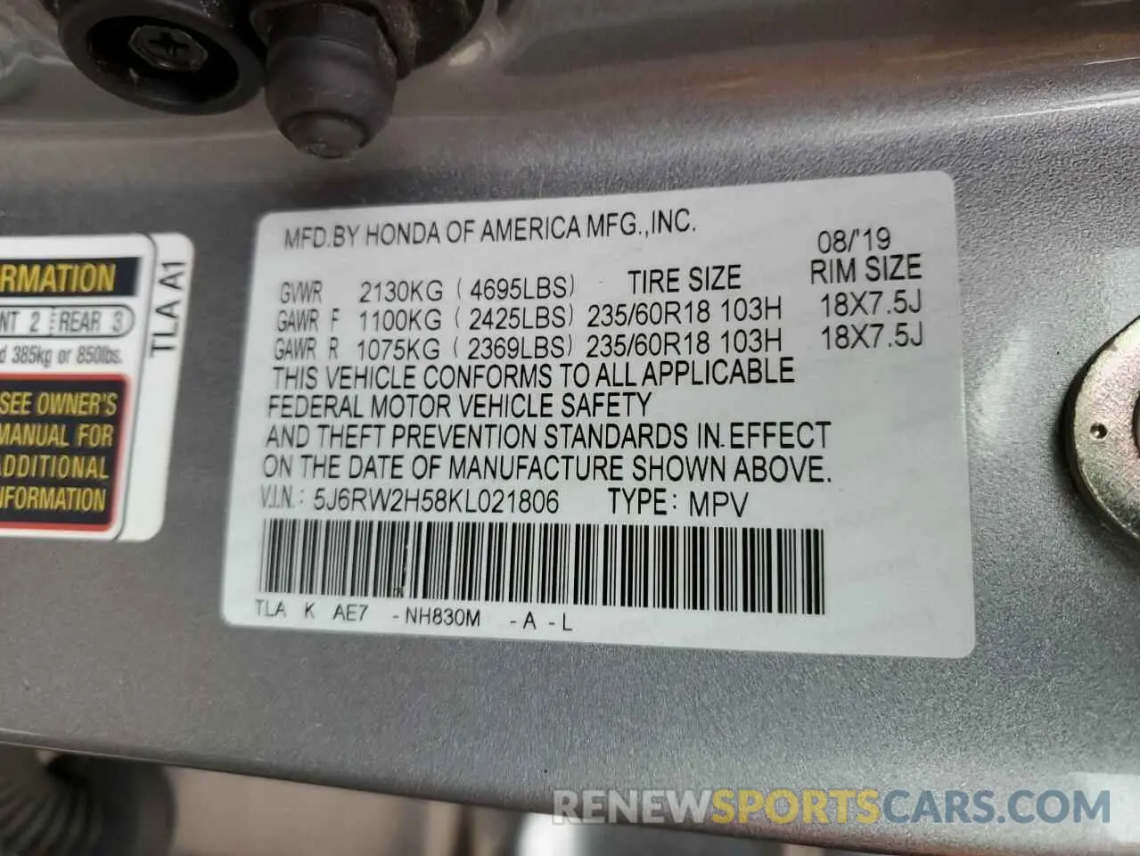 15 Photograph of a damaged car 5J6RW2H58KL021806 HONDA CRV 2019