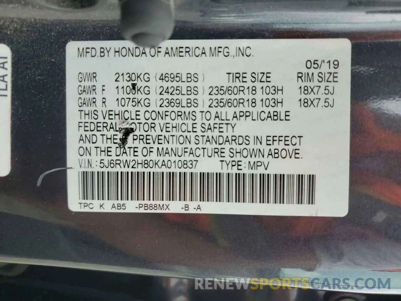 13 Photograph of a damaged car 5J6RW2H80KA010837 HONDA CRV 2019