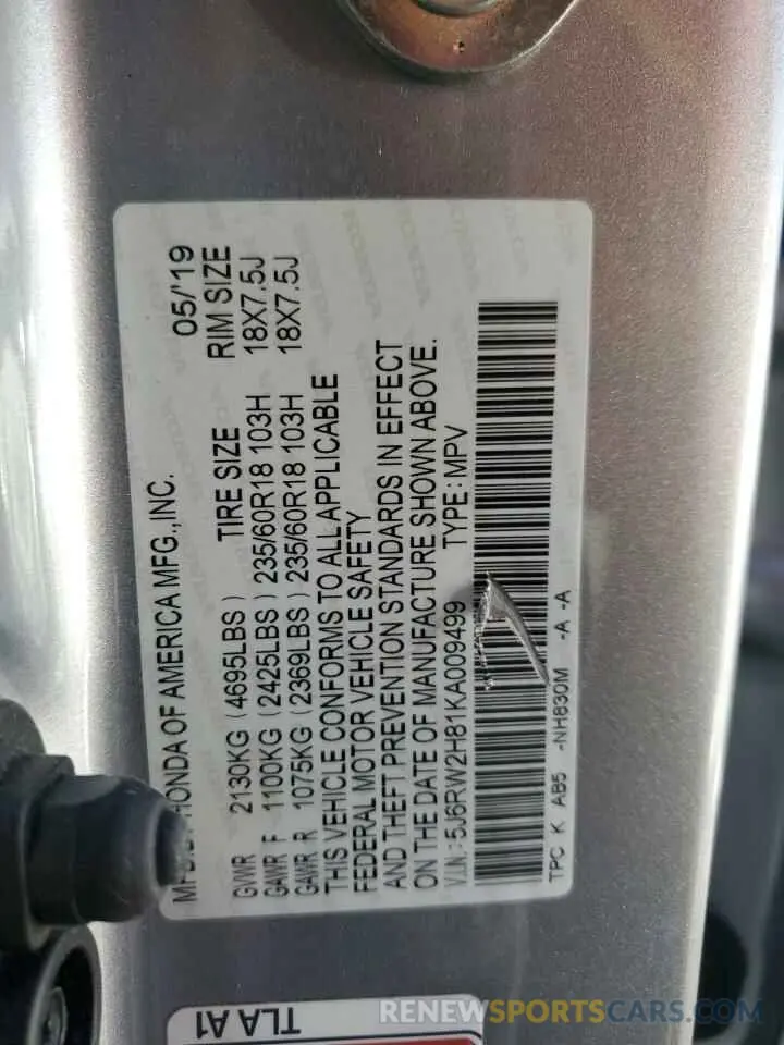 13 Photograph of a damaged car 5J6RW2H81KA009499 HONDA CRV 2019