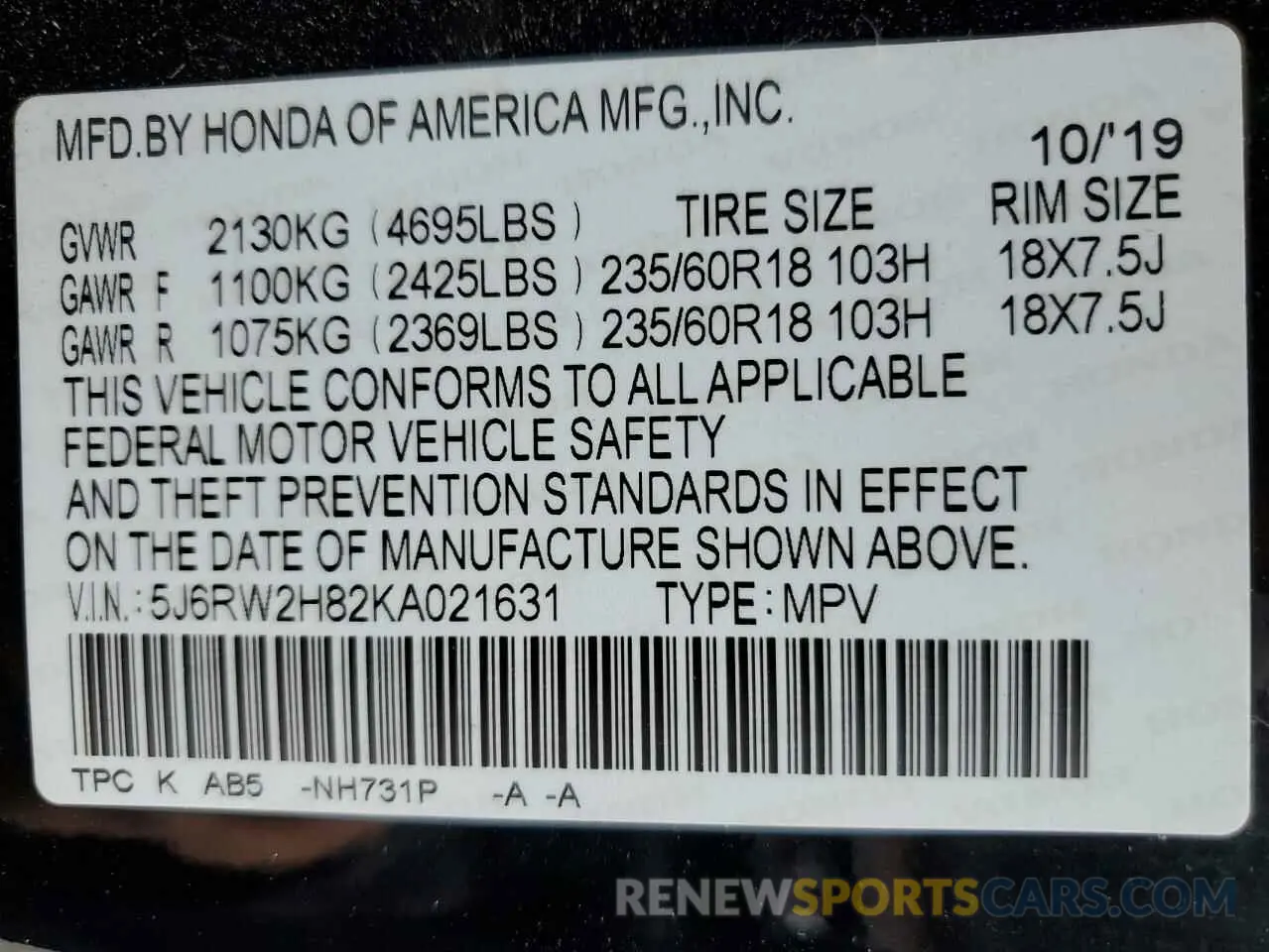 13 Photograph of a damaged car 5J6RW2H82KA021631 HONDA CRV 2019