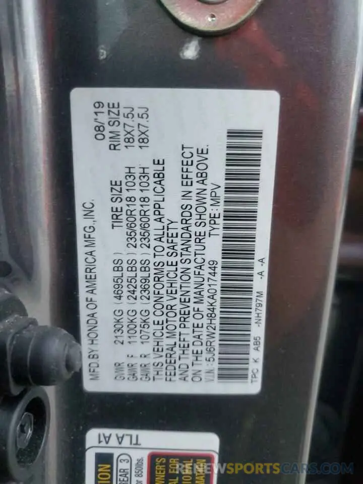 13 Photograph of a damaged car 5J6RW2H84KA017449 HONDA CRV 2019