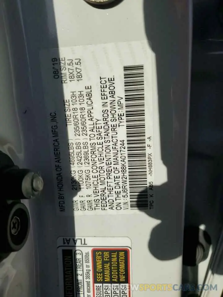 13 Photograph of a damaged car 5J6RW2H88KA017244 HONDA CRV 2019