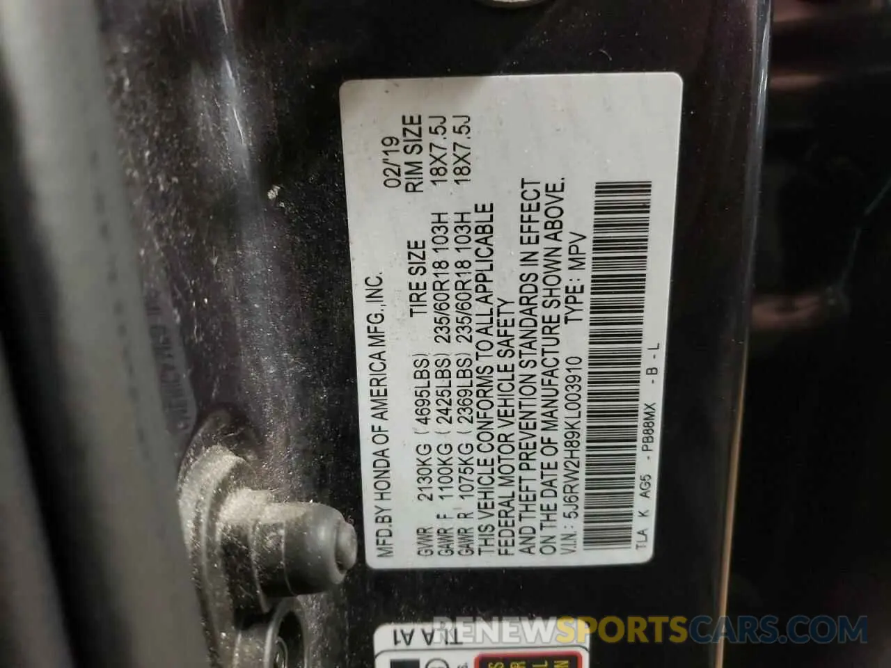 13 Photograph of a damaged car 5J6RW2H89KL003910 HONDA CRV 2019