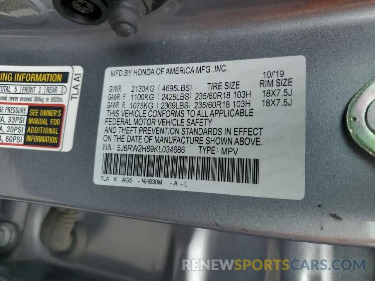15 Photograph of a damaged car 5J6RW2H89KL034686 HONDA CRV 2019