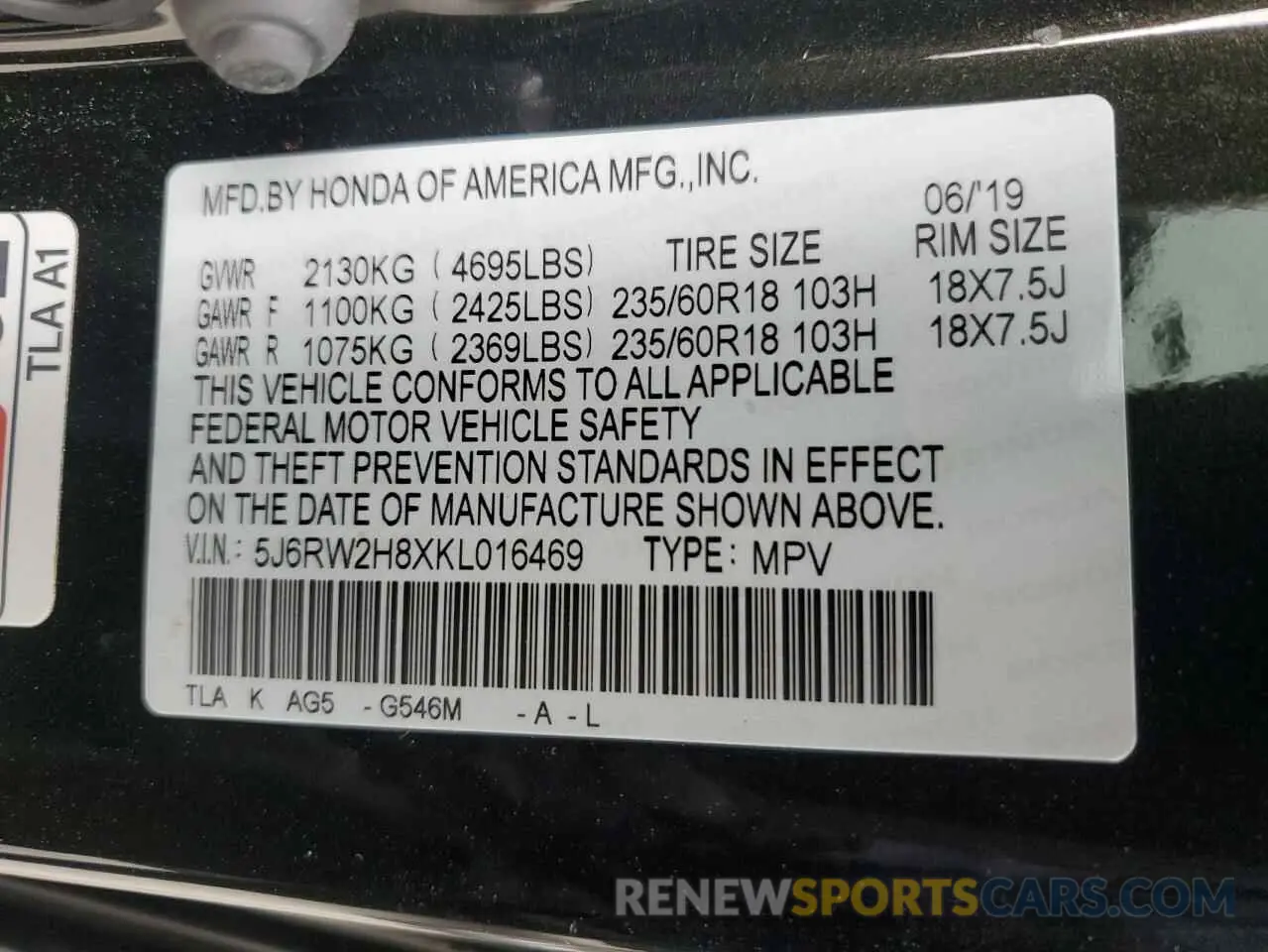 12 Photograph of a damaged car 5J6RW2H8XKL016469 HONDA CRV 2019
