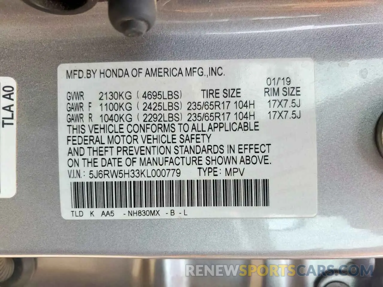 14 Photograph of a damaged car 5J6RW5H33KL000779 HONDA CRV 2019