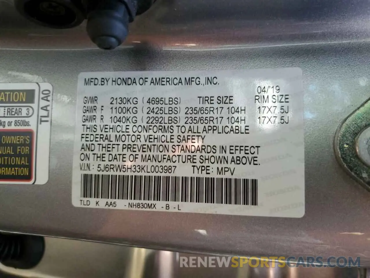 13 Photograph of a damaged car 5J6RW5H33KL003987 HONDA CRV 2019