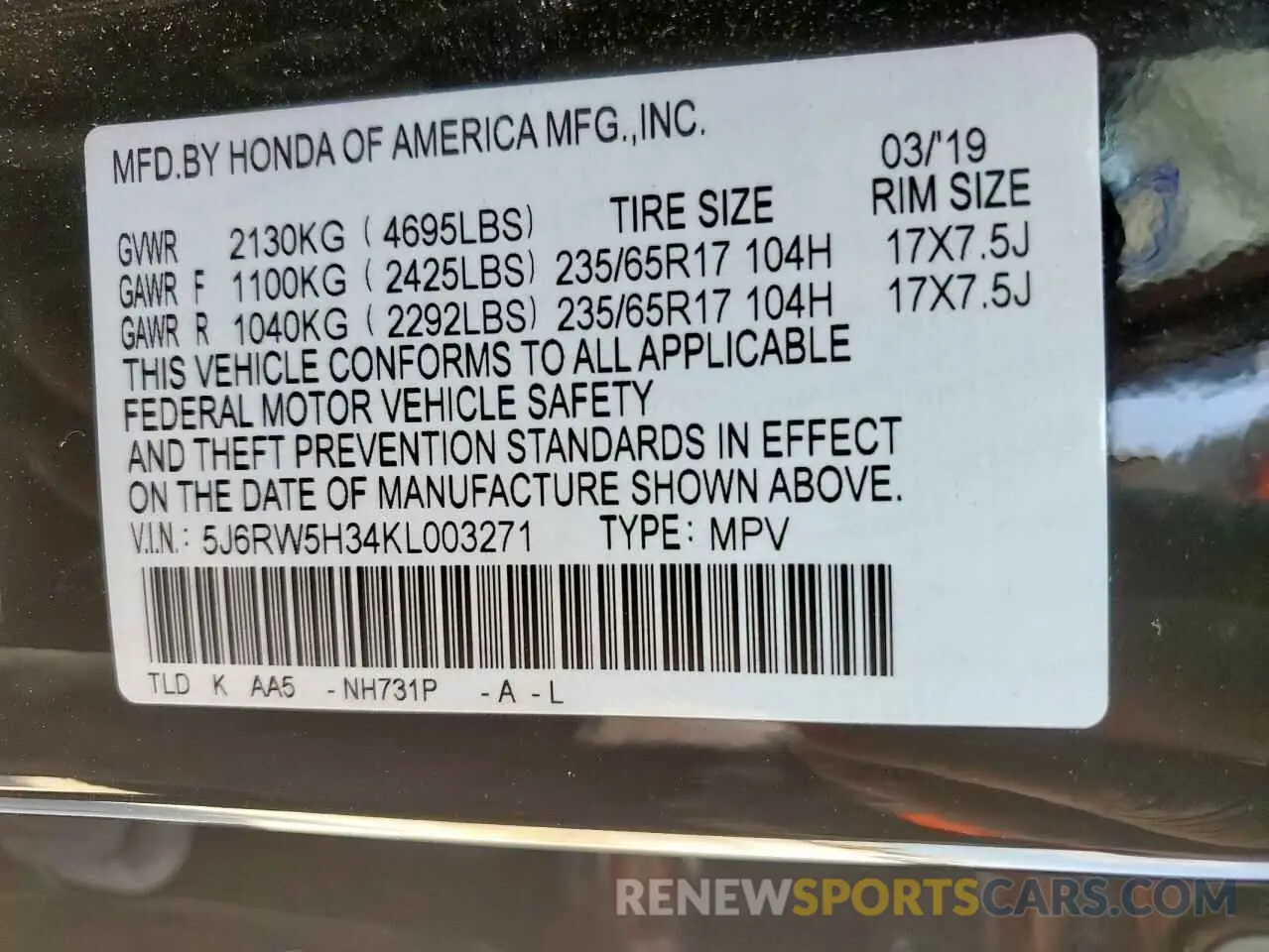 15 Photograph of a damaged car 5J6RW5H34KL003271 HONDA CRV 2019