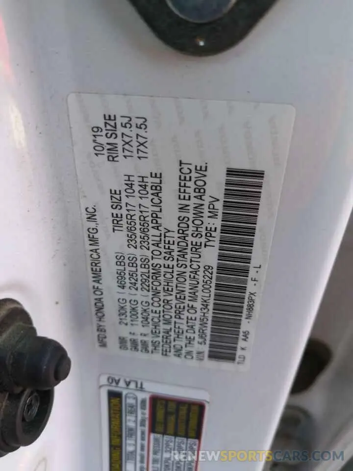 14 Photograph of a damaged car 5J6RW5H34KL005229 HONDA CRV 2019
