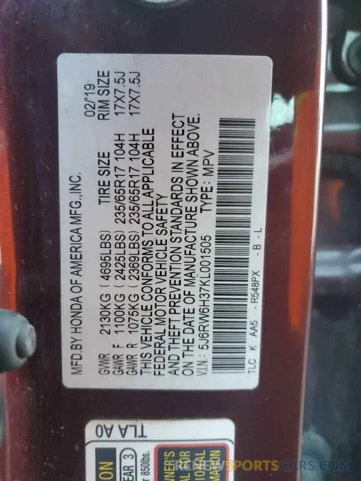 13 Photograph of a damaged car 5J6RW6H37KL001505 HONDA CRV 2019